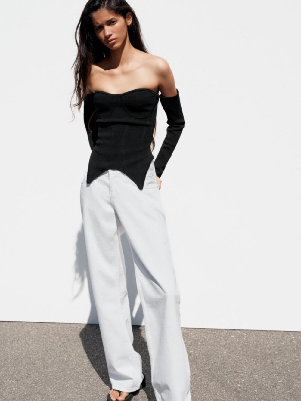 ZARA Black Knit Off-the-Shoulder Corset Top Asymmetric NWT S